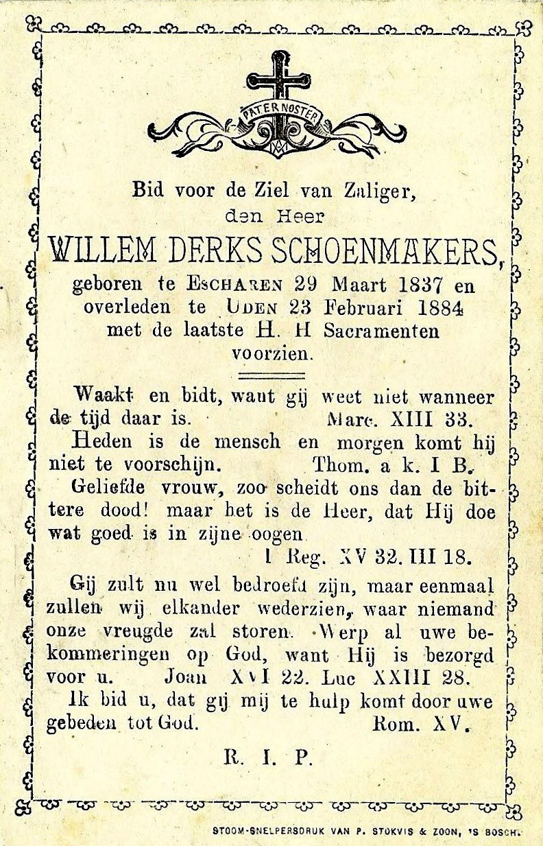Bidprentje Willem Derks Schoenmakers